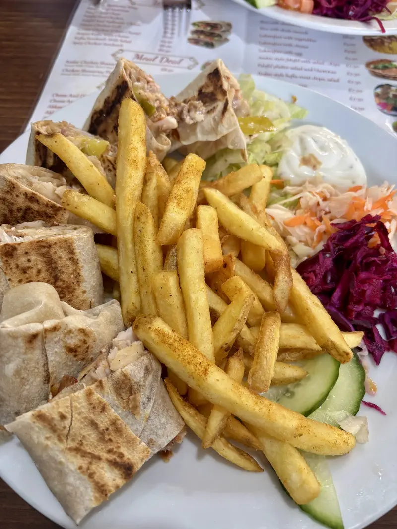 Toasted shawarma wrap platter with spiced chips, slaw and garlic sauce